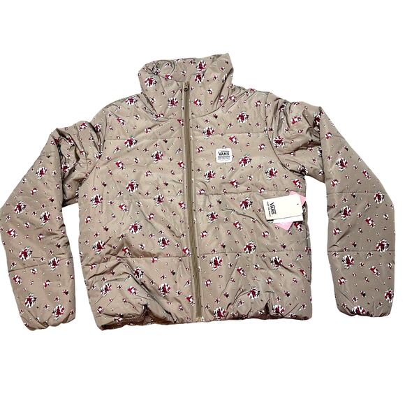 Vans Off The Wall Puffer Jacket Women Small Taupe Floral Winter Insulated New - Picture 1 of 6